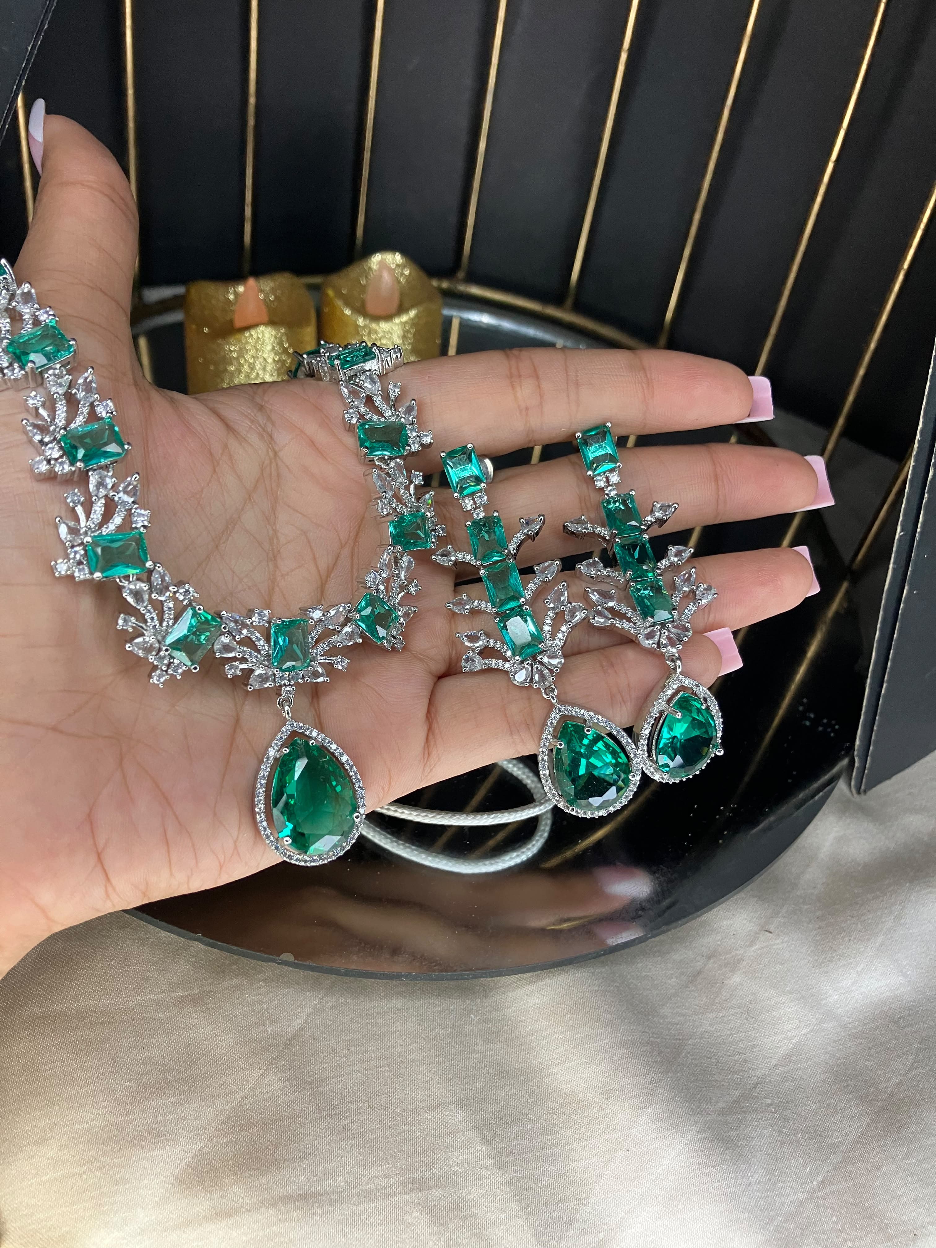 Regal Emerald Zircon & Crystal Necklace and Earrings