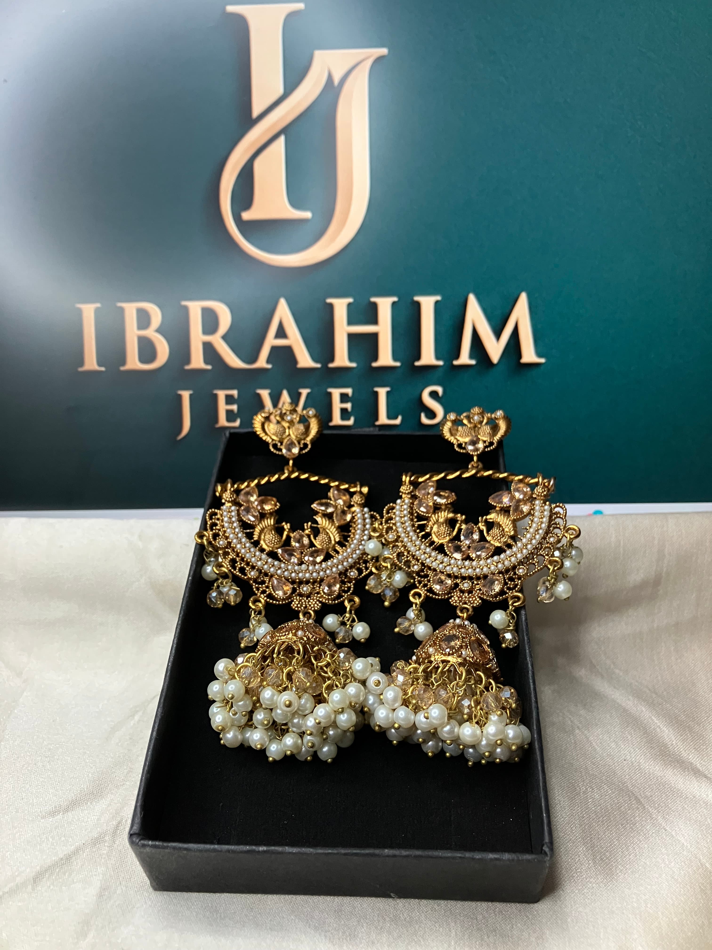 Grand Antique Gold Peacock Chandbali Jhumka Earrings